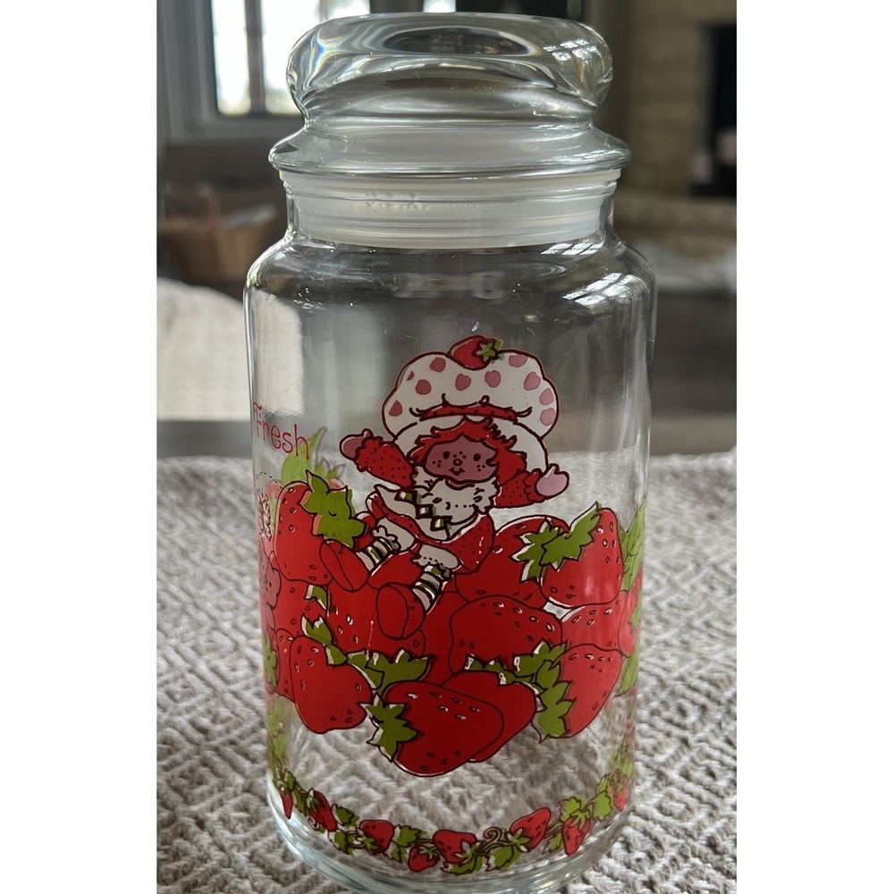 American Greetings Strawberry Shortcake Glass Canister Jar & Lid 8" VTG 1980